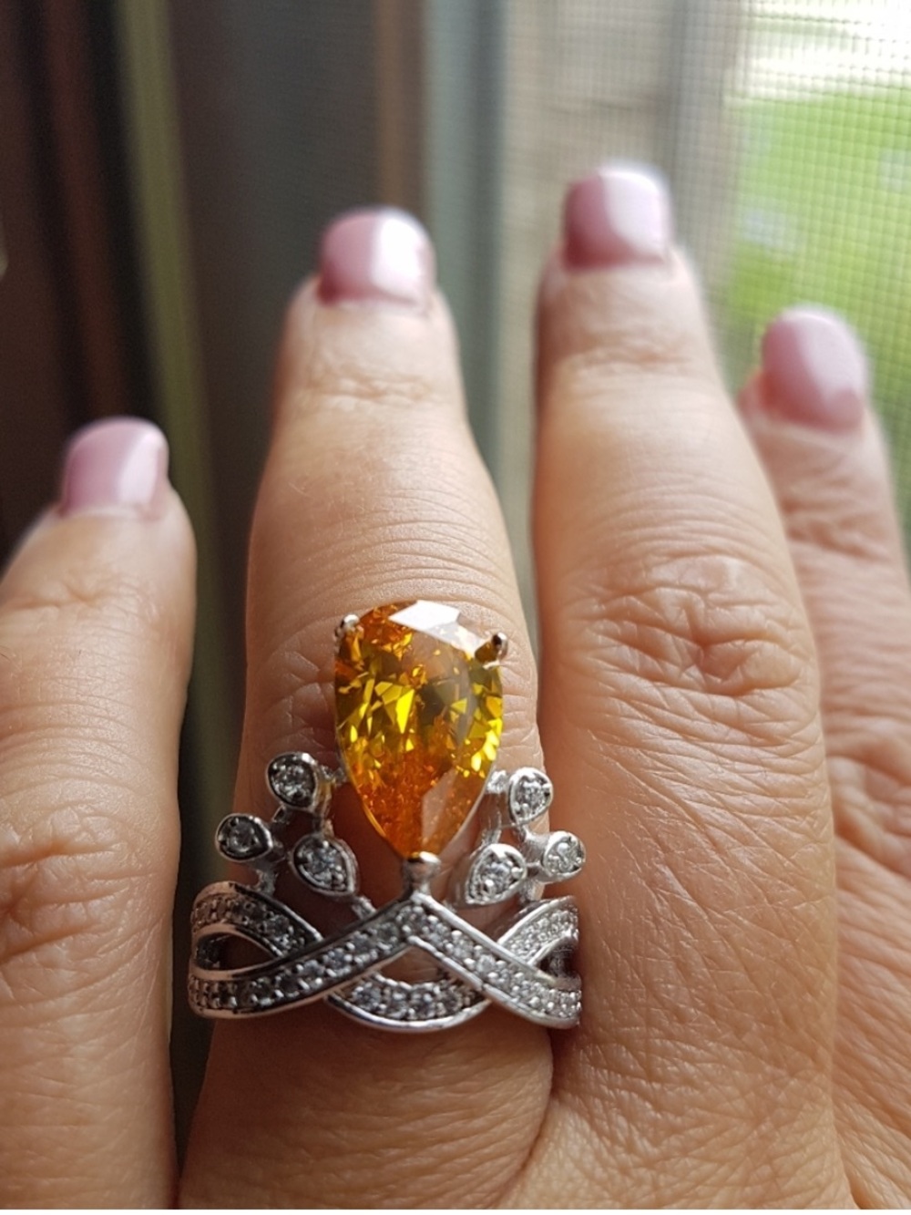 Swarovski Elements Fashion Silver Large Yellow Citrine Teardrop Ring NEW